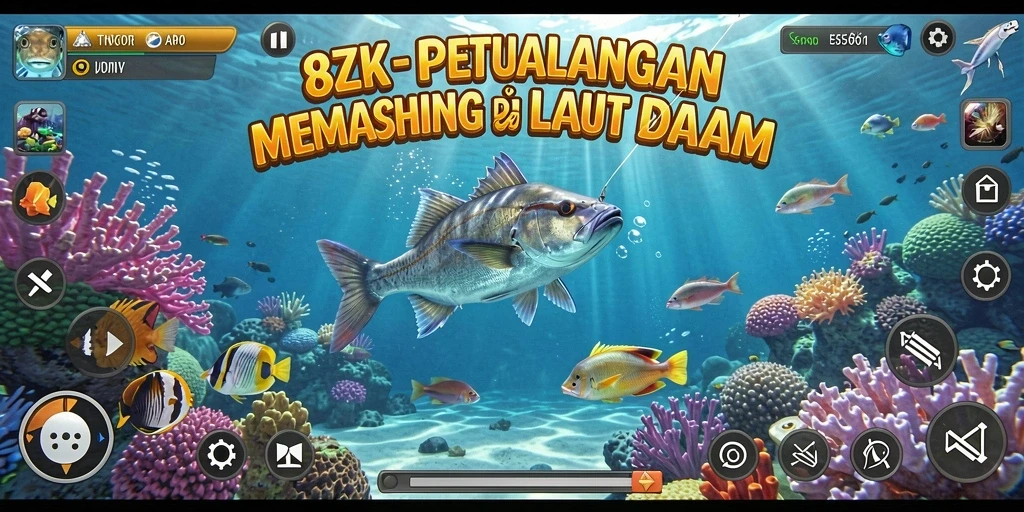 Tangkapan layar utama 8ZK menampilkan gameplay memancing yang menarik.