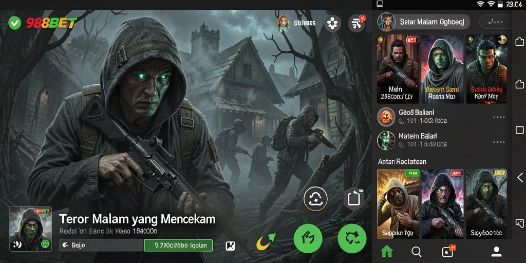 Screenshot gameplay 988BET menampilkan momen menakutkan di dalam hutan gelap.