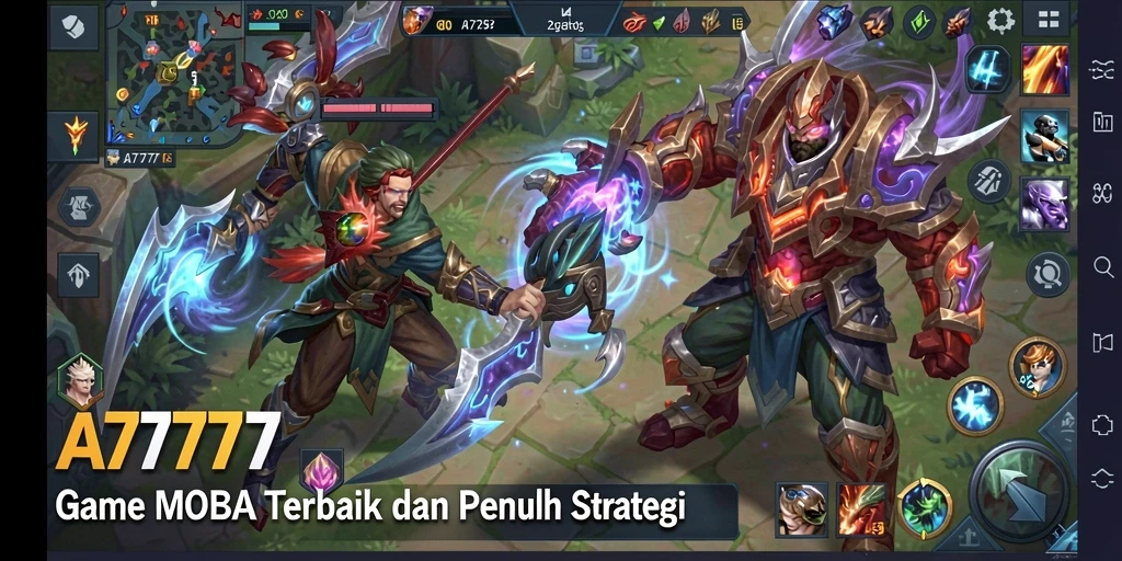 Screenshot A7777 menampilkan aksi seru dalam gameplay MOBA yang dinamis.