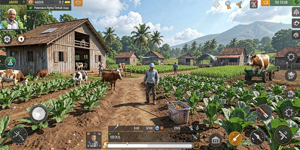 Tampilan gameplay ASG55 dengan ladang yang indah dan hewan peliharaan.