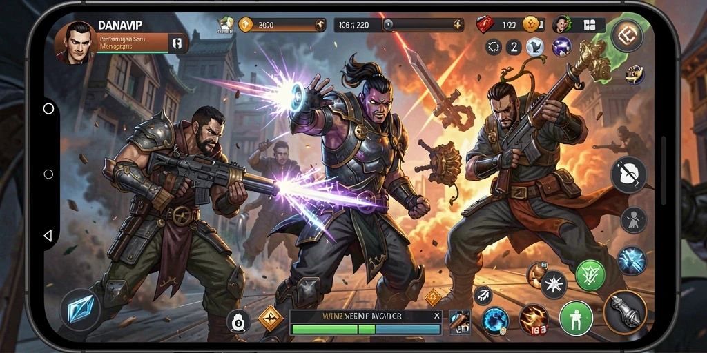 Tampilan gameplay <strong>DANAVIP</strong> yang intens di arena pertarungan.