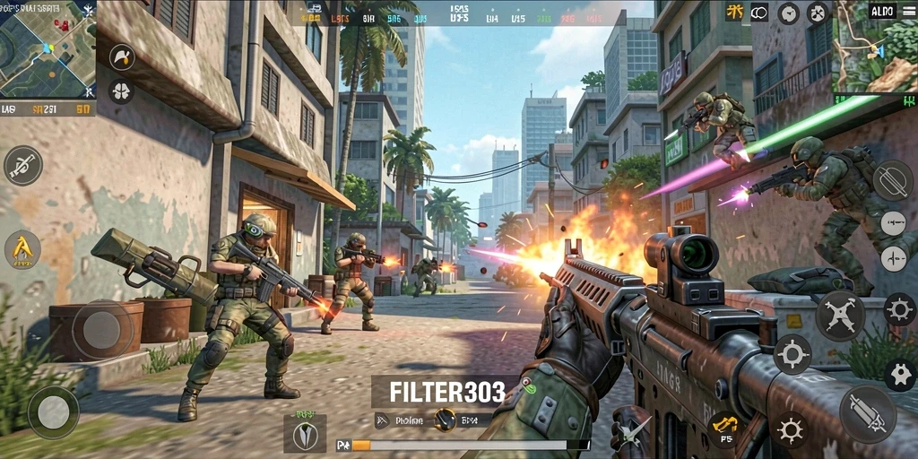 Screenshot gameplay FILTER303 yang menunjukkan aksi mendebarkan dalam pertempuran FPS.