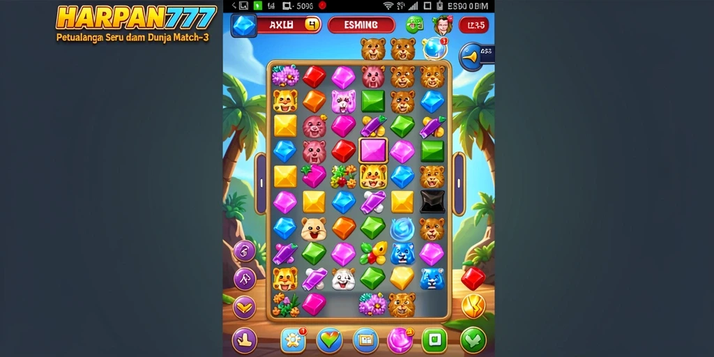 Screenshot menunjukkan gameplay seru dari HARAPAN777 dengan tantangan Match-3.