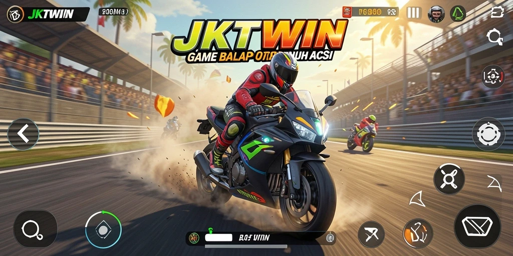 Tampilan gameplay <strong>JKTWIN</strong> yang seru dengan aksi balap motor.