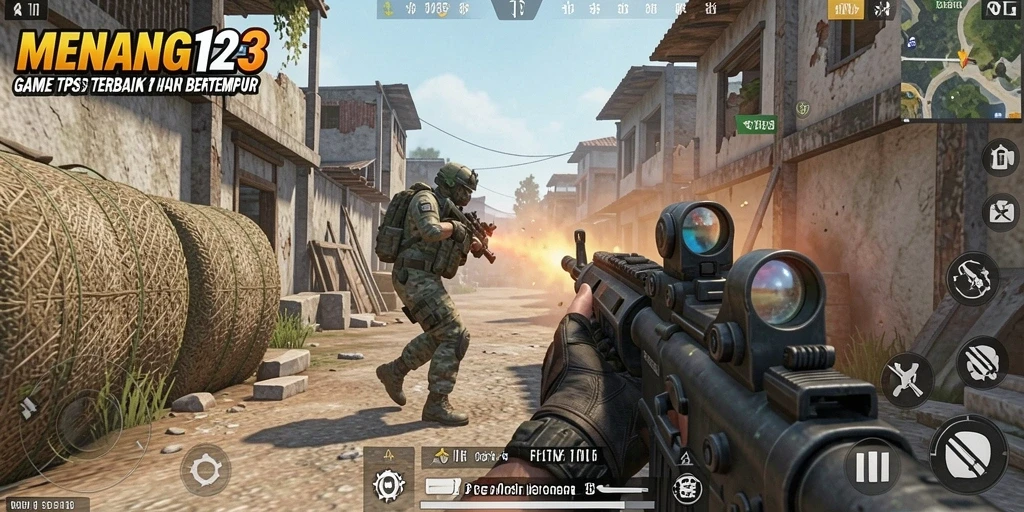 Tampilan gameplay MENANG123 yang intens dan seru di medan perang.