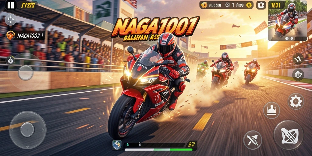 Screenshot gameplay NAGA1001 menunjukkan aksi balap motor yang mendebarkan.