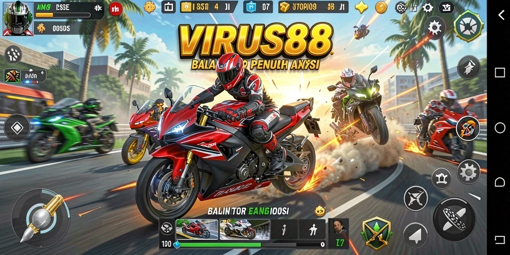 Tampilan gameplay mendebarkan dalam <strong>VIRUS88</strong> saat balapan.