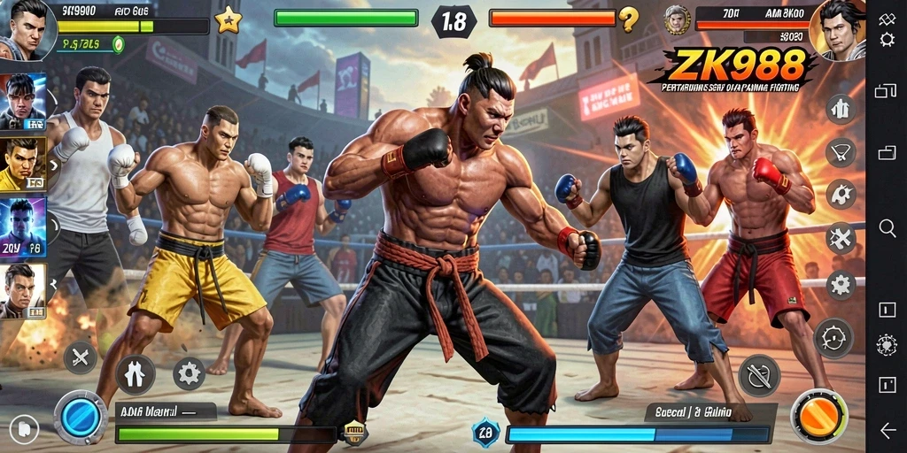 Gameplay ZK988 yang mendebarkan dengan pertarungan seru dan karakter beragam.
